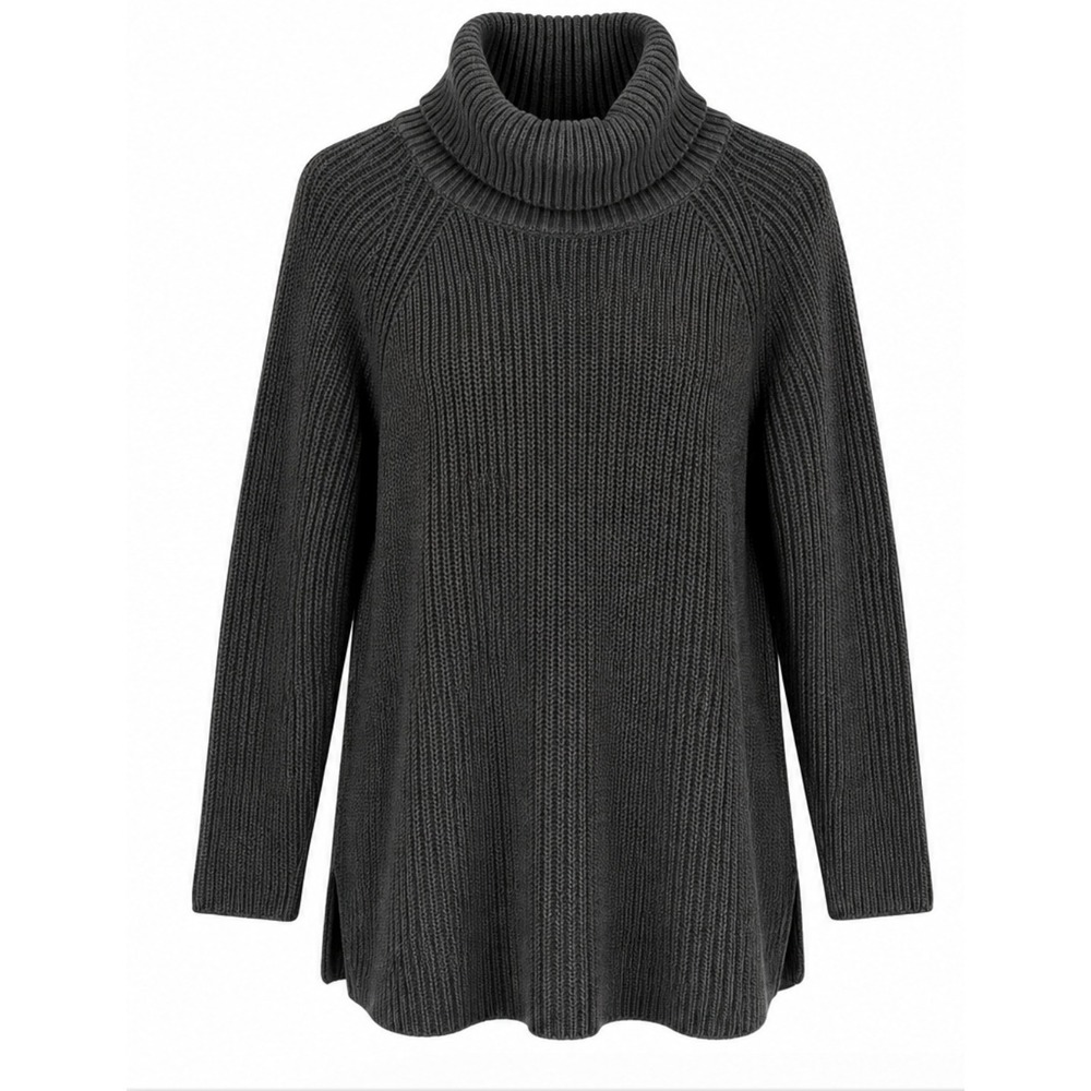 Coldwater Creek Shaker Knit Turtleneck Sweater Women M Gray 100% Cotton Slits